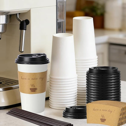 50 Pack 20 oz Disposable Paper Coffee Cups, Paper To Go Cups with Lids, Sleeve and Straw, Hot Paper Cups for Home, Office and Party (White 20oz)