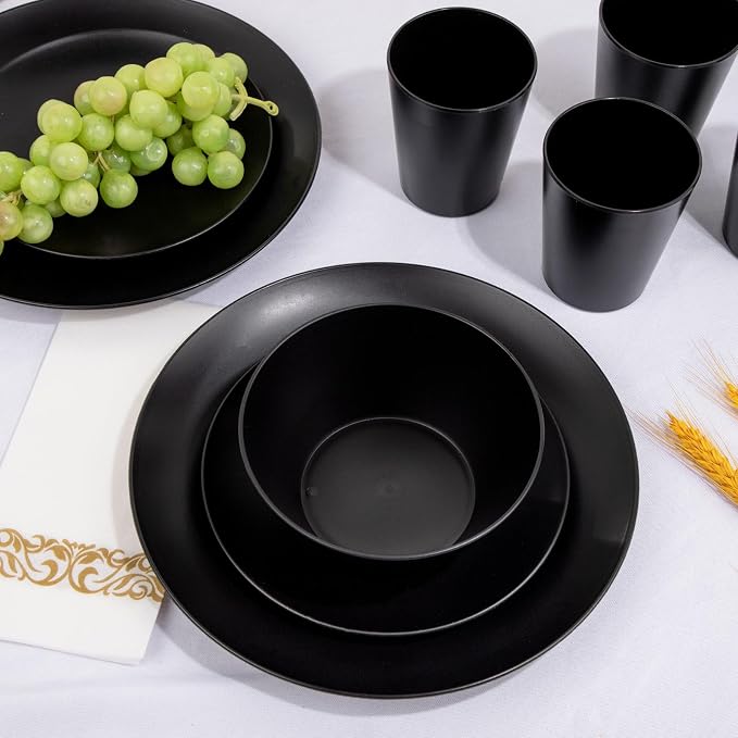 32pc Reusable Black Wheat Straw Dinnerware Sets Black Dishes - Image 4