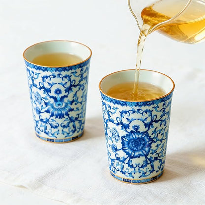 Blue and White Floral Porcelain Tea Cups Set of 2 | No Handle, Bone China - Image 6