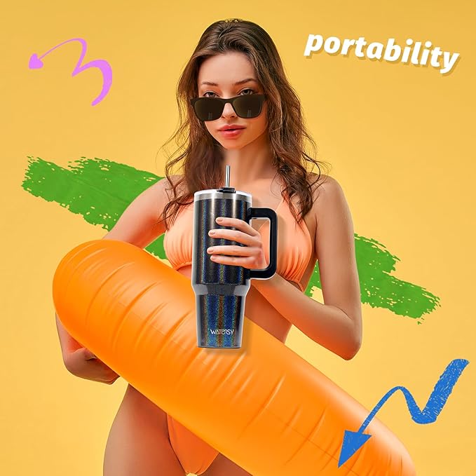 40 oz Shiny Tumbler with Handle and Straw, Stainless Steel Tumbler with Lid and - Image 5