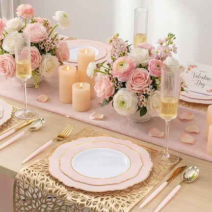 WDF 30Guest Pink Plates Disposable - Hign-end Baroque Design - Gold Plastic Silverware with Handle-Baroque Pink &Gold Plastic Dinnerware for Valentine's Day/Wedding