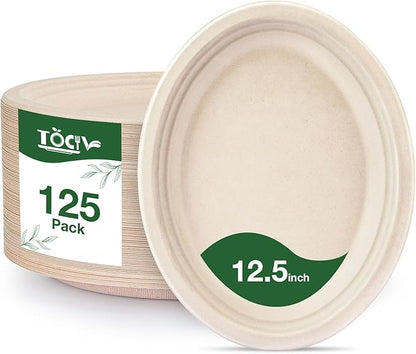 100% Compostable Paper Plates Oval 12.5in 125 Count Disposable Biodegradable Heavy Duty Large Sturdy Dinner Plates Bulk for Appetizer Dessert Cake Birthday Holiday Party Supplies