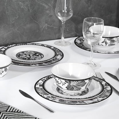 Melamine Dinnerware Sets 12pcs-Melamine Plates and Bowls Set Black Flower Lily Pattern Indoor Outdoor Use Unbreakable Dishwasher Safe