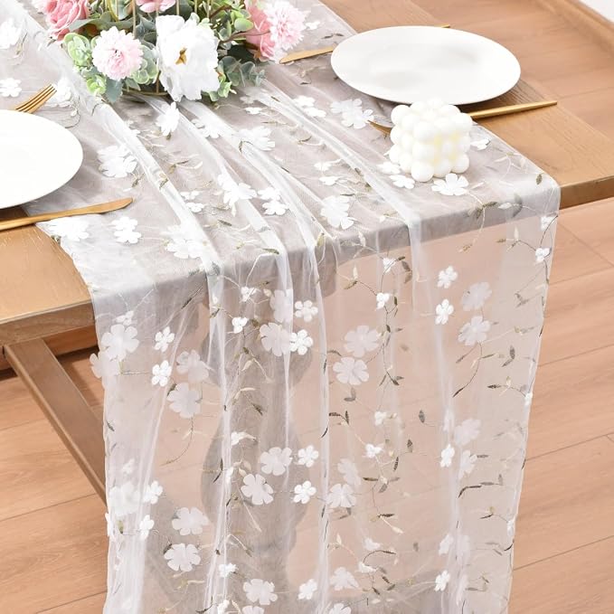 Wildflower Floral Sheer Tulle Gauze Table Runner Wedding Baby Shower Decor | - Image 4