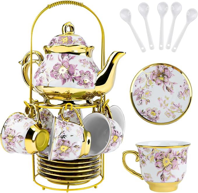20Pcs Porcelain Tea Set with Metal Holder and Spoon, Floral Adult Tea Sets with by KUK