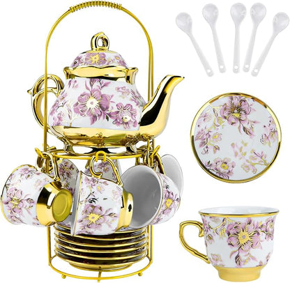 20Pcs Porcelain Tea Set with Metal Holder and Spoon, Floral Adult Tea Sets with by KUK