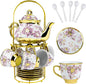 20Pcs Porcelain Tea Set with Metal Holder and Spoon, Floral Adult Tea Sets with by KUK