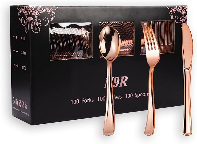 300PCS Rose Gold Plastic Silverware, Disposable Cutlery & Utensils | Heavy Duty by N9RTABLEWARE