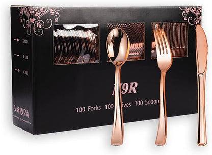 300PCS Rose Gold Plastic Silverware, Disposable Cutlery & Utensils | Heavy Duty by N9RTABLEWARE