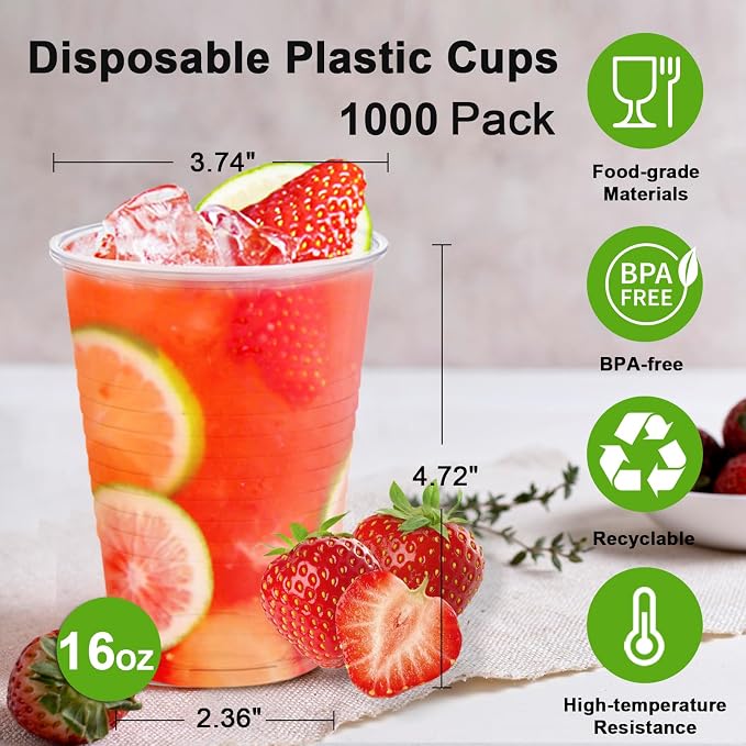 Lamosi 1000 Pack 16 oz Plastic Cups, Disposable Clear Plastic Drinking Cups | - Image 2