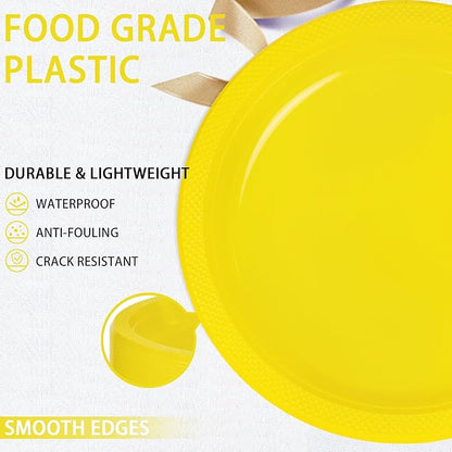 WELLIFE Yellow Plastic Party Plates 10 Inch -150 Count, Disposable Plastic Dinner Plates for Easter Spring Parties Mother's Day Picnic BBQ