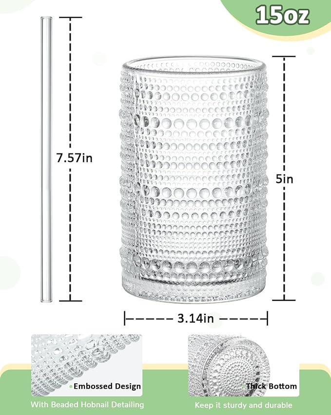 Large Capacity Glasses Drinking Set of 12, 15 oz Vintage Glassware Hobnail - Image 5