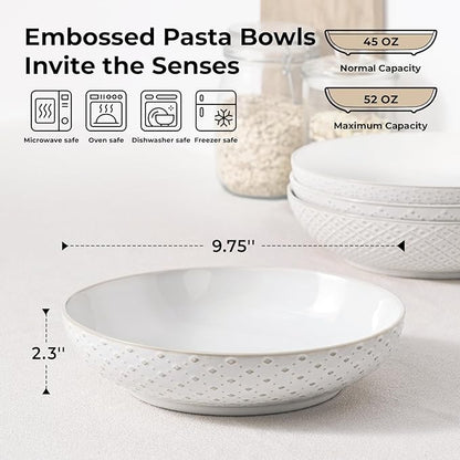 Y YHY Large Pasta Bowls, 45 oz Embossed Salad Bowls for Serving Soup, Noodle, Dessert, Dinner, Kitchen Deep Plates, 9.75" Porcelain Shallow Bowls, Soft White Dishes for House-warming Wedding Present