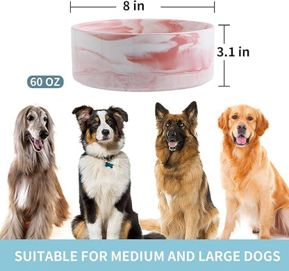 Elevated/Raised Dog Bowl Ceramic with Wood Stand for Medium Large Breed,Dog Food Water Dish Heavy Weighted, 8 in Non Slip Porcelain Pet Bowl Extra Big Marble Pink