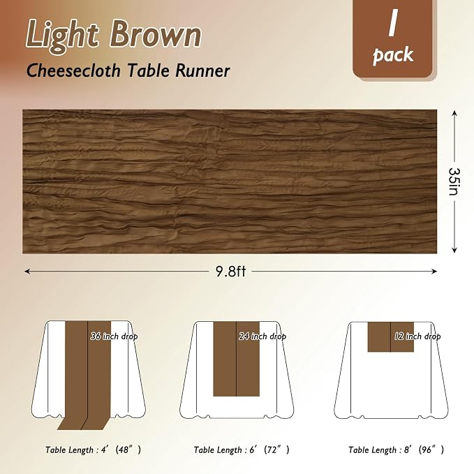 1 Pack Light Brown Cheesecloth Table Runner 120 Inch Boho Wedding Decor | - Image 2