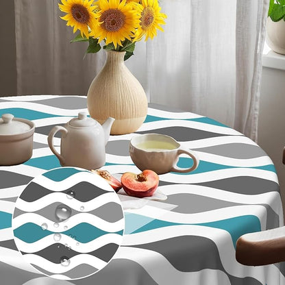 Laeacco 54 Inch Geometric Round Tablecloth Blue and Grey Waved Stripes Modern Abstract Art Print Table Cloth Washable Waterproof Wrinkle Free Table Cover for Kitchen Dining Picnic Party Decoration