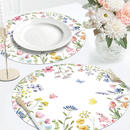 50PCS Floral Disposable Paper Placemats Watercolor Butterfly & Floral Disposable Round Table Mats for Spring Weddings, Brunch & Garden Parties