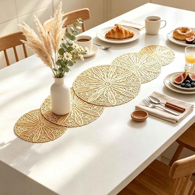 Gold Table Runner 36 Inches Flower Dining Table Runner Fall Decor | Vinyl - Image 8