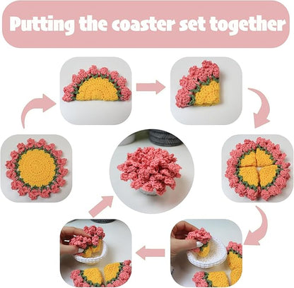 Cute Coasters Set of 4,Funny Pink Flower Coasters,Crochet Plant Pot Coaster Set for Drinks with Flowerpot Holder,Fun Soft Decorative Coasters Housewarming for New Home Bar Desk