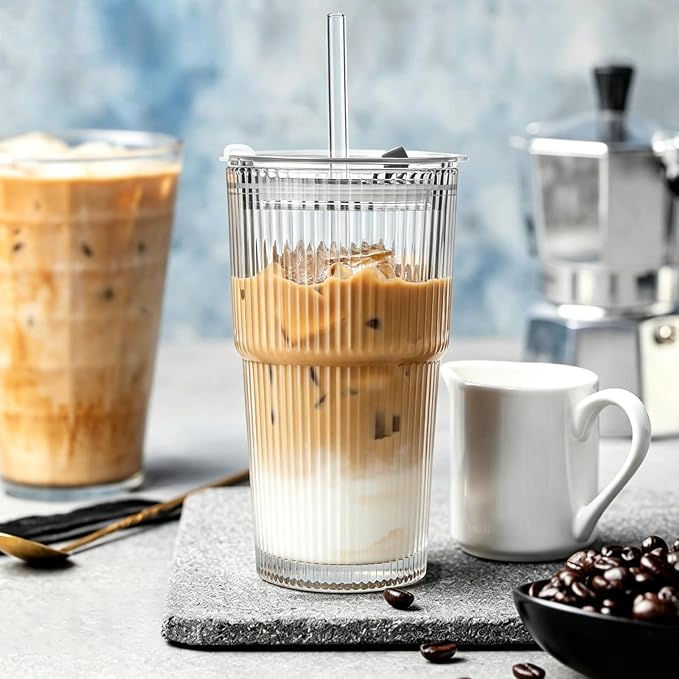 TUZAZO 20 Oz Ribbed Glass Coffee Tumblers - Image 3