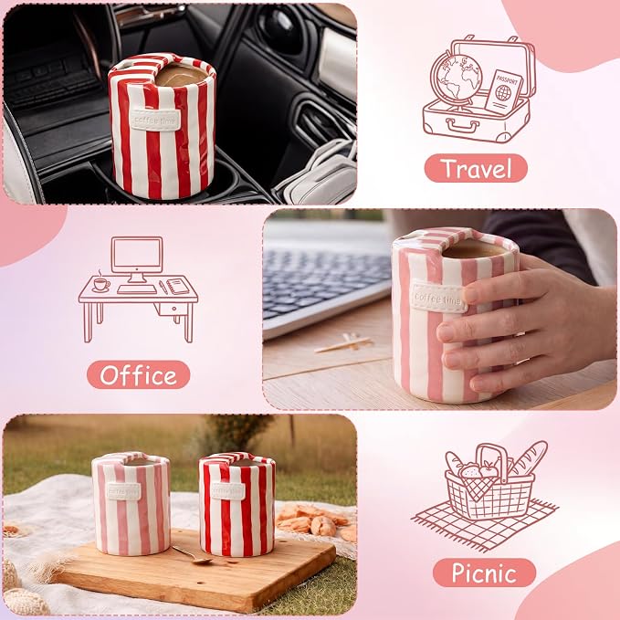 2 Pack Ceramic Coffee Mug with Sip Hole Espresso Cup 10oz with Straws Retro - Image 7