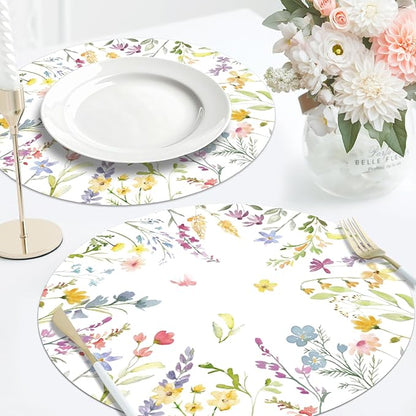 50PCS Floral Disposable Paper Placemats 13.5 Inch Flowers Placemats Pastel Watercolor Round Table Mats for Spring Weddings, Brunch & Garden Parties