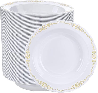 DaYammi 100 Pack Plastic Bowls with Gold Rim, 12oz Disposable Soup Bowls, Gold Plastic bowls Disposable Heavy Duty Dinner Bowl for Weddings, Plastic Serving Bowl for Parties, Catering and Everyday Use