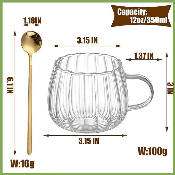 Viovian 12oz Clear Glass Coffee Mugs Set of 6 Ribbed Coffee Cups - Image 2