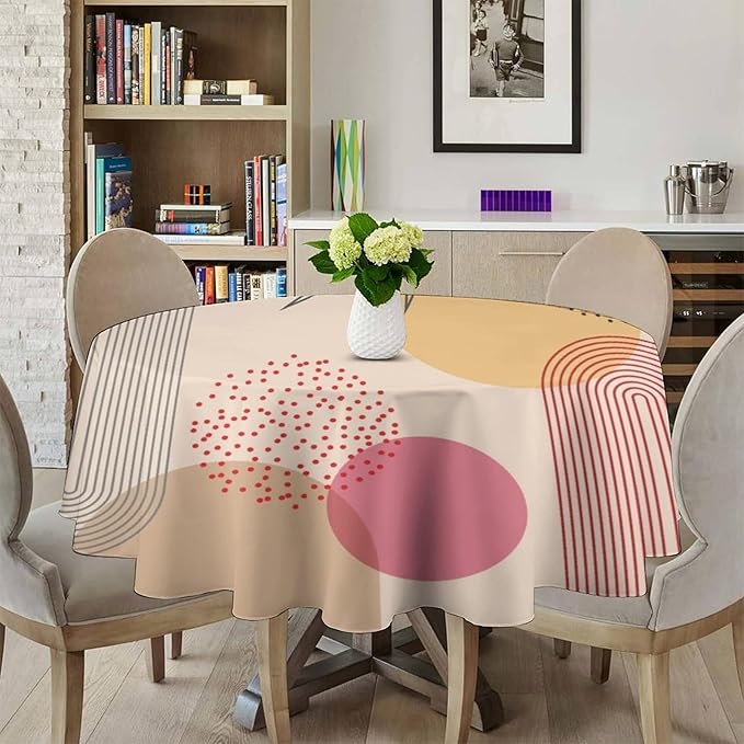 Mid Century Boho Round Tablecloth, Abstract Modern Sun Arch Curve Leaves Geometric Print Tablecloth for Home Party Dining Room Kitchen Decor 50Inch(127cm)