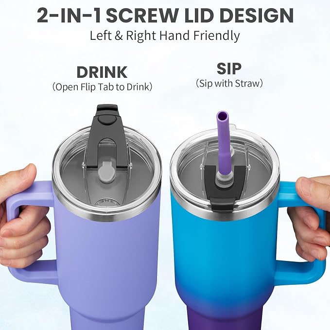 BENZZO 40 oz Tumbler with Handle Straw and 2-in-1 Lid Made of Metal Travel Mug - Image 4