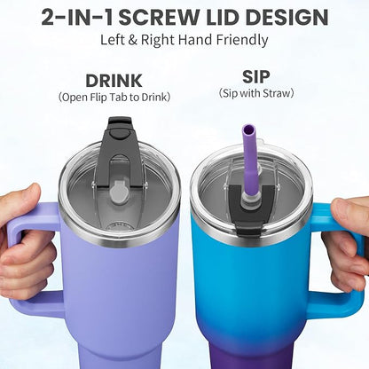 BENZZO 40 oz Tumbler with Handle Straw and 2-in-1 Lid Made of Metal Travel Mug - Image 4