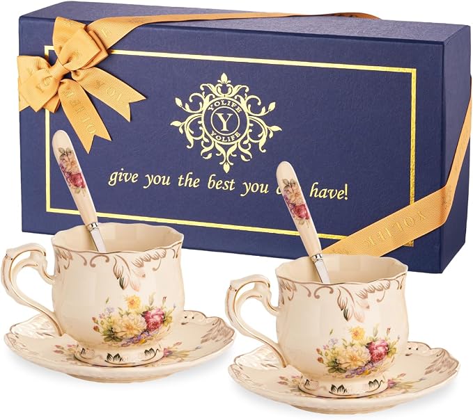 YOLIFE Tea Cups and Saucers Set of 2, 8 OZ Flowering Shrubs | Ivory Vintage by YOLIFE