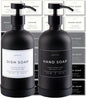 Hand and Dish Soap Dispenser for Kitchen and Bathroom, Set of 2 16 Oz Glass Bottles, Stainless Steel Pumps, Non-Slip Silicone Base, 27 Waterproof Labels (Matte Black Bottle/Black Pump)