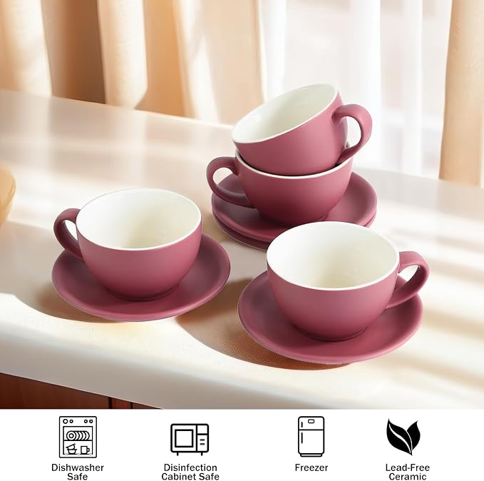 Yundu Matte Purple Cappuccino Cups Set of 4-10oz Ceramic Latte Mugs - Image 3
