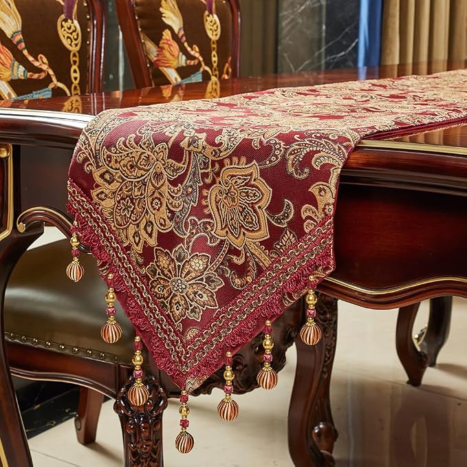 Luxury Vintage Table Runner 120 inches Long Embroidery Jacquard Fabric by LUFEIJIASHI