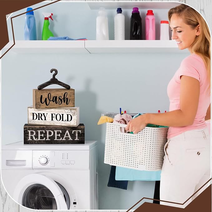 Moucuny 4 Pcs Farmhouse Laundry Room Decor Stacked Blocks, Wash Dry Fold Repeat - Image 4