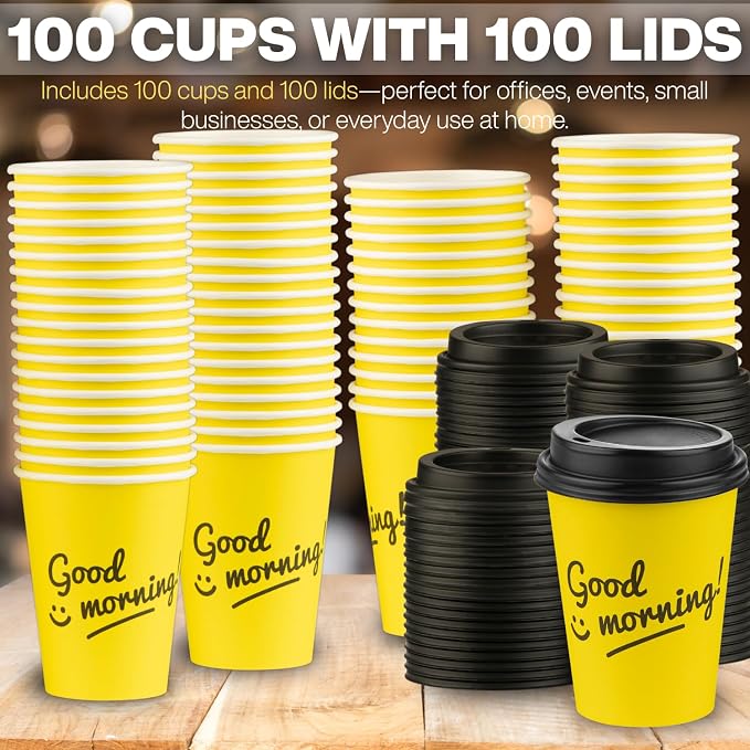 Disposable Coffee Cups with Lids, To Go Paper Hot Cups, Good Morning Design - Image 4