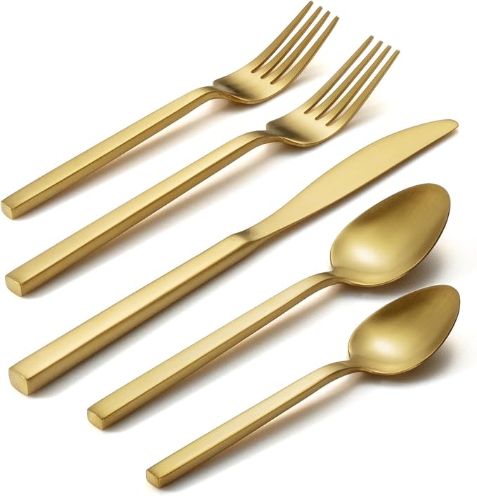 Alata Cube Gold 20-Piece Flatware Set, Forged Cutlery Set, Matte Gold by Alata