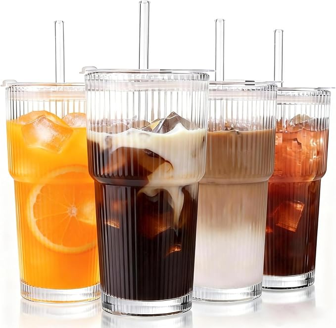 4pcs Ribbed Glass Tumbler with Straw and Lid - 20oz Reusable Iced Coffee Cups by Unknown