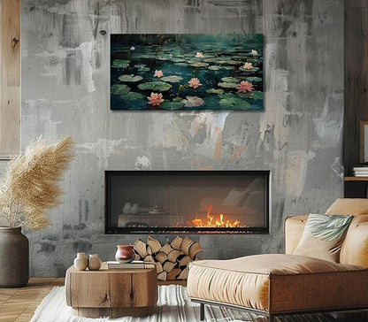ADJUVANT Wall Art Impressionist Water Lily Pond 60" L x 30" W, Pink Lotus Flowers on Dark Blue Water Canvas Painting Nature Artwork Prints Wall Decor for Living Room Bedroom Bathroom Home Office