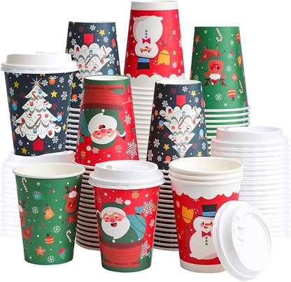 100 Pack 12 oz Paper Cups with Lids, Disposable Coffee Cups for Christmas, To Go Cups for Hot and Cold Drinks, Beverage