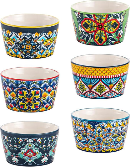 8 oz Ramekins Oven-Safe – Baking Cups for Creme Brulee, Puddings, Souffles, Custards, Ice Cream & Dips – Ceramic Single-Serve Bowls Set of 6, Bohemian Style