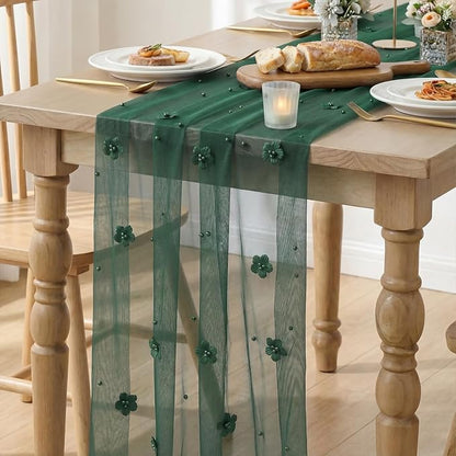 Artoid Mode Green Flower Pearl Green Gauze Table Runner 10FT, Seasonal Sheer - Image 6
