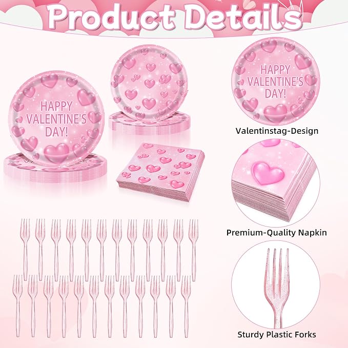 96 Pieces Valentine’s Day Tableware Set – Pink Heart Disposable Plates and - Image 3