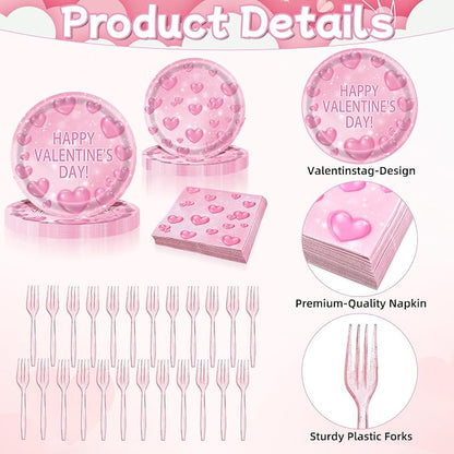 96 Pieces Valentine’s Day Tableware Set – Pink Heart Disposable Plates and - Image 3