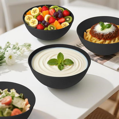Unbreakable Cereal Bowls 40 OZ, Wheat Straw Bowls Set of 6, Anti Scald Extra Thick Soup Bowls, Reusable Plastic Bowl for Kitchen, Outdoor, Camping, RV, Black