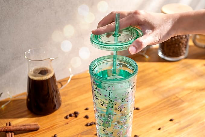 bzyoo 24oz Plastic Tumbler Cup, Lid & Straw, Iced Coffee Floral Mint | Double - Image 4