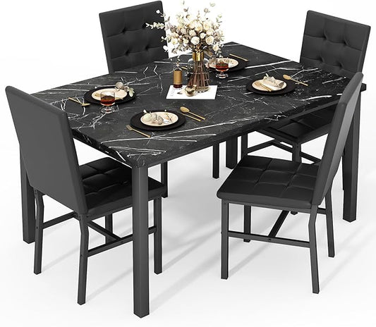 AWQM Dining Table Set for 4,Faux Marble Kitchen Table and Chairs Set of 4, Modern Dining Room Table Set for 4,Dinner Table with 4 Leather Chairs, Dinette Set for Small Spaces (Black&Black)