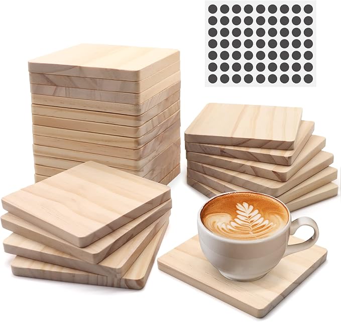 24 Pack 4 Inch Unfinished Square Wood Coasters by SIJDIEE