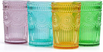 MDLUU Colored Glassware, Multicolor Drinking Glasses, Embossed Water Glasses, Colored Tumblers Glass, Capacity 12oz/345ml, Set of 4
